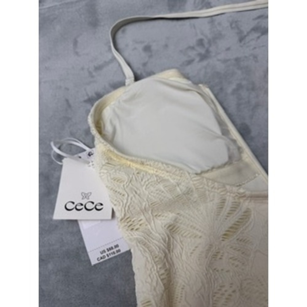 NWT CECE One Piece Swimsuit Womens Cream Lace Ruffle Deep V-Neck Sz10 $88 - Picture 11 of 14